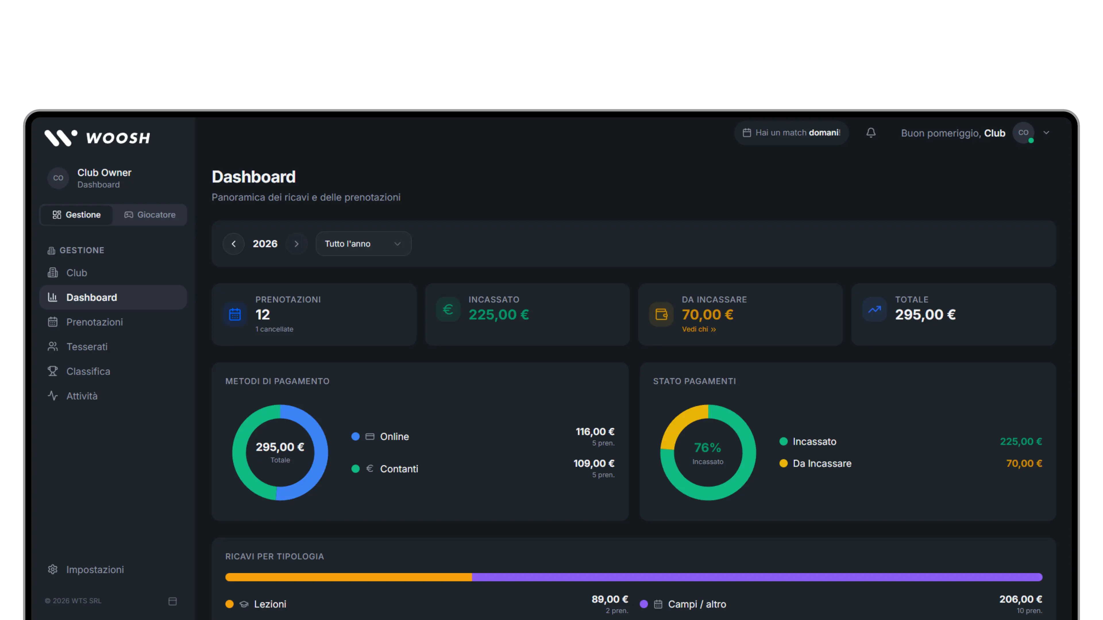Woosh: dashboard del circolo con ricavi e incassi