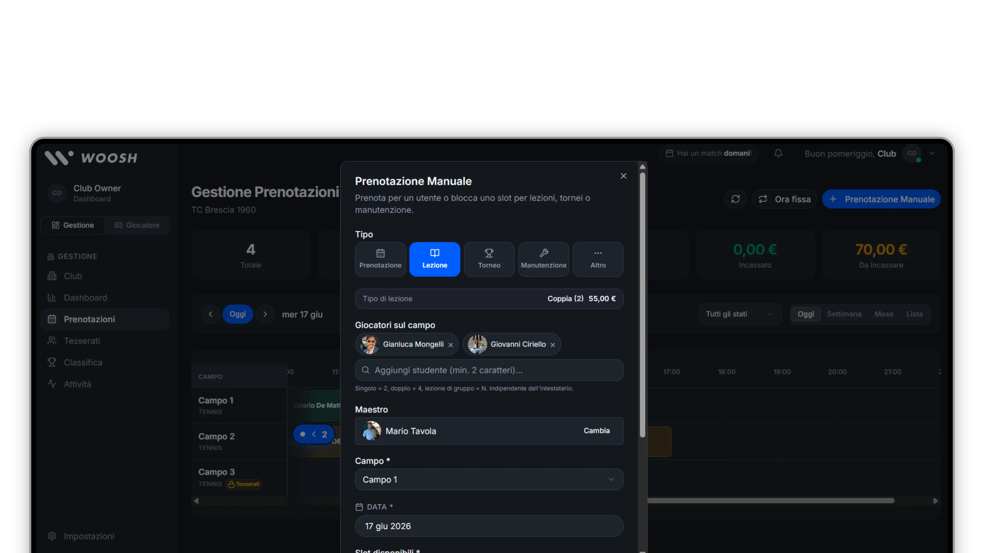 Woosh: prenotazione lezioni con assegnazione del maestro