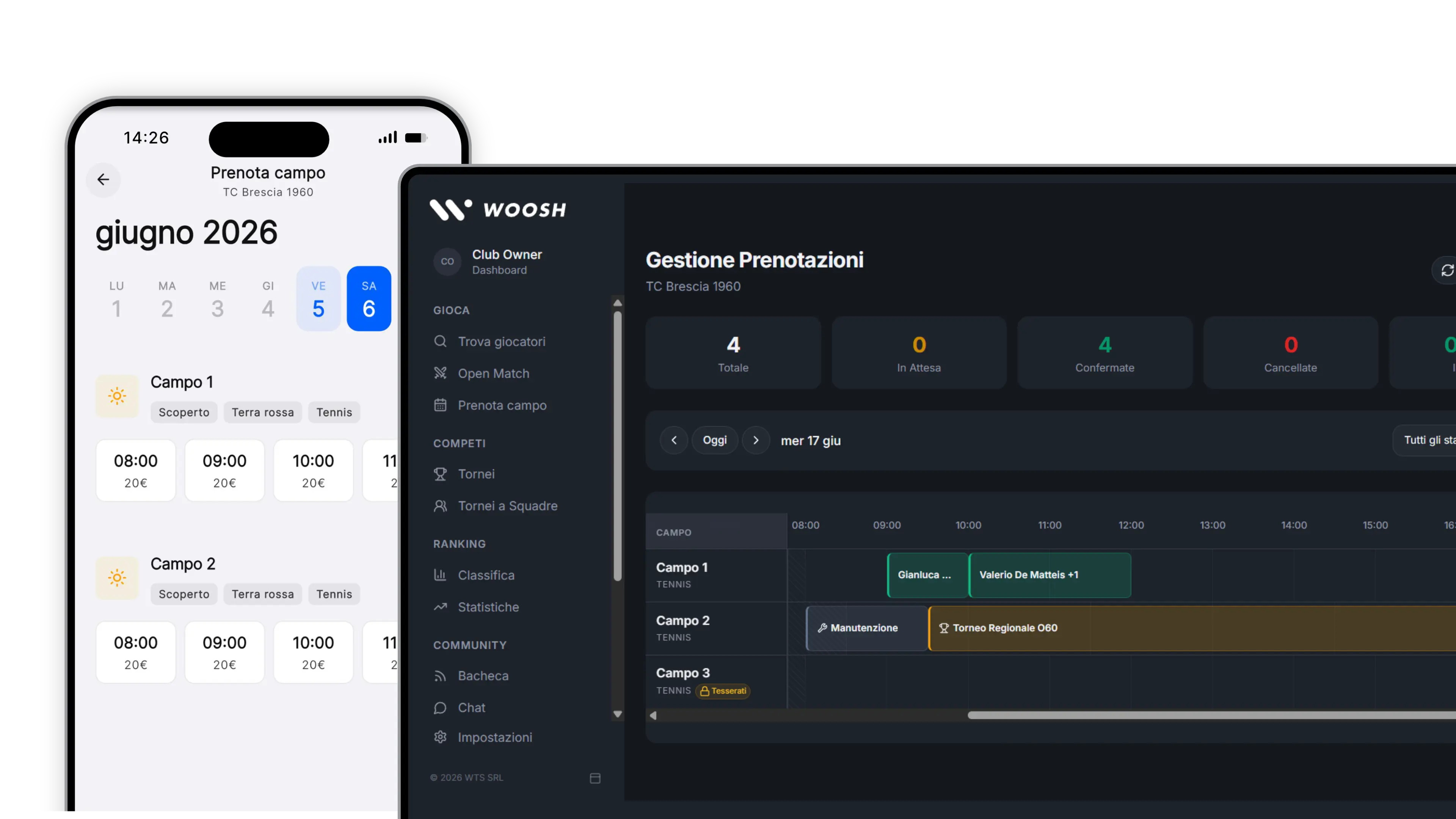 Woosh: prenotazione campi da app mobile e gestione prenotazioni da web app